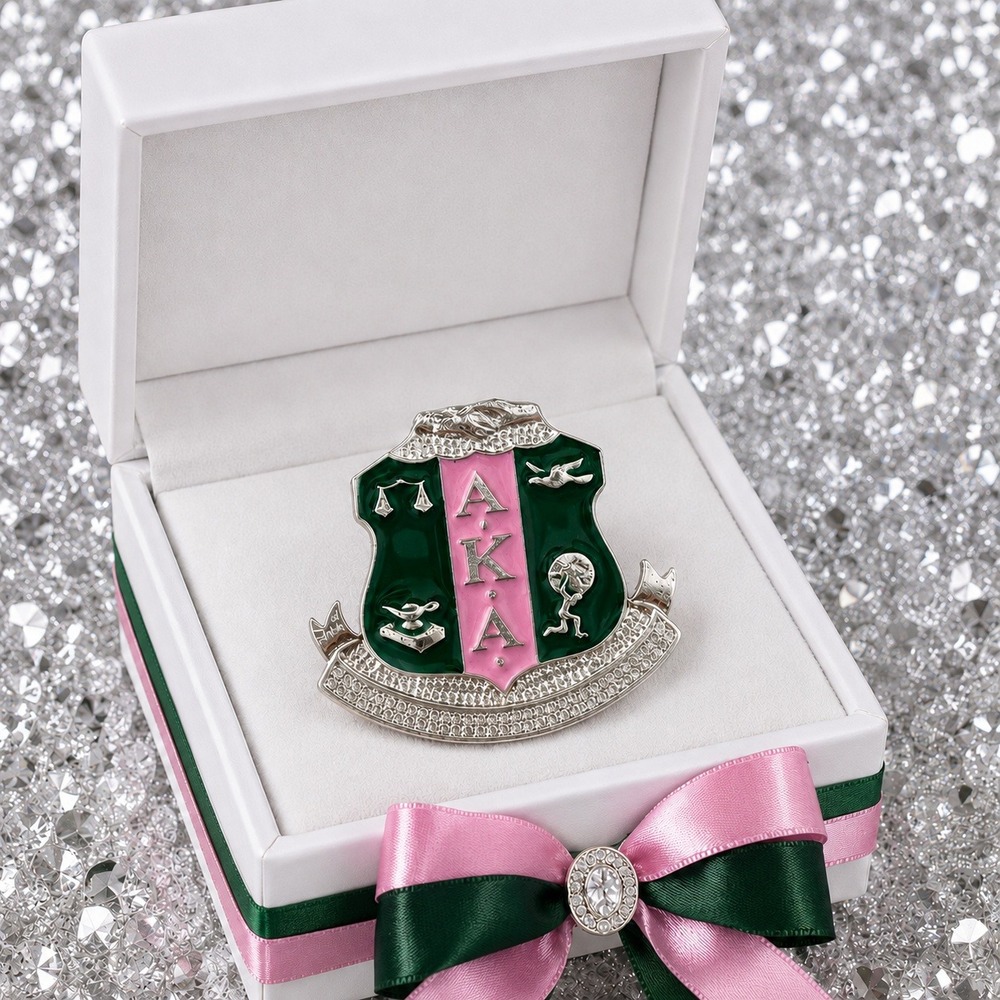 Alpha Kappa Alpha Shield Brooch AKA Sorority Crest Pin Green Pink Silver Tone